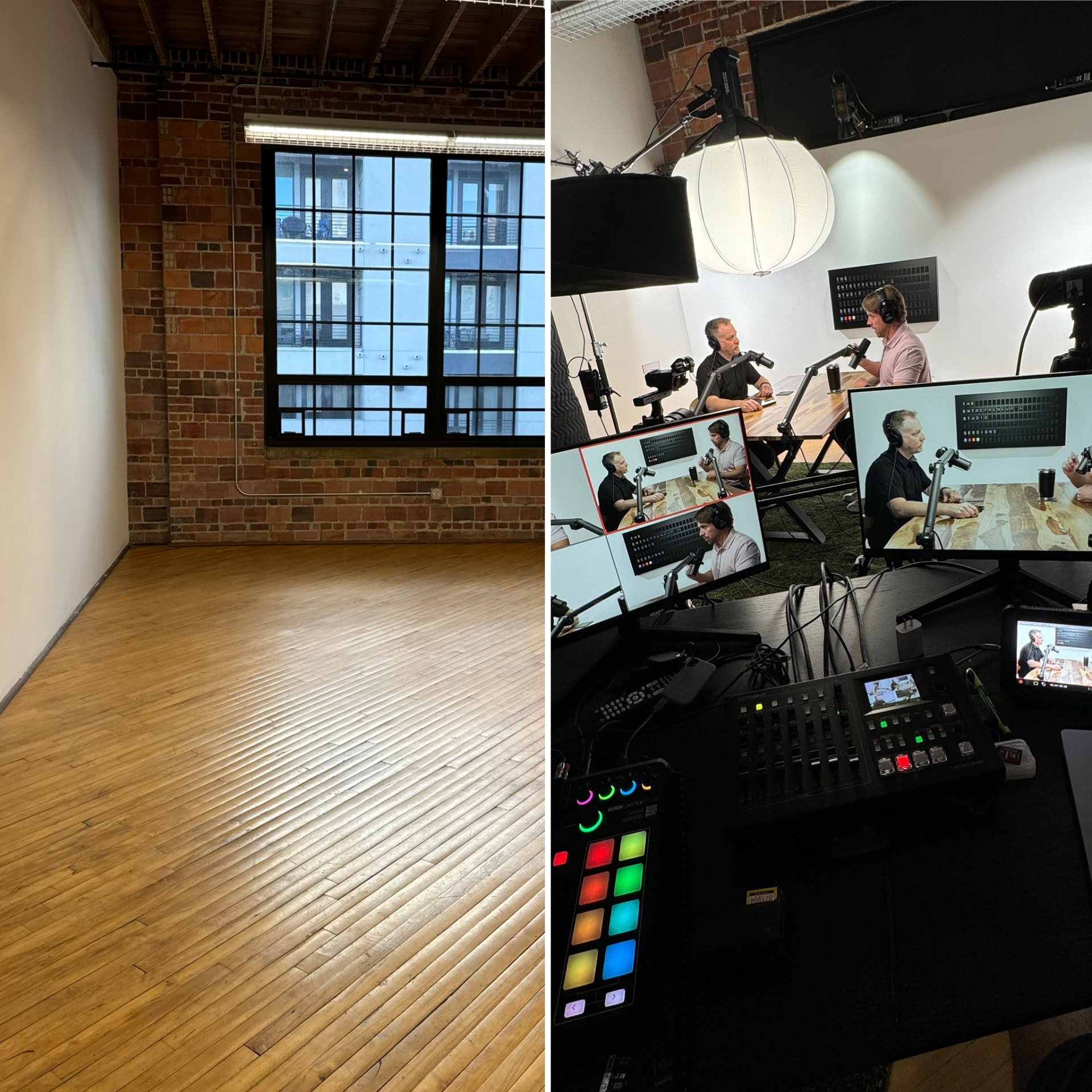 Before and after: empty brick room to fully equipped studio